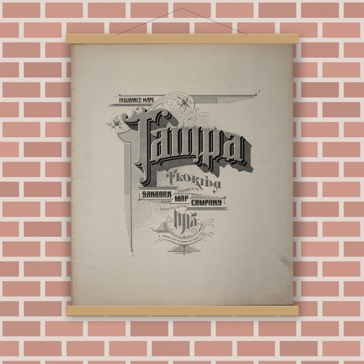 Old map wall art mockup — magnetic wood frame on brick wall — Sanborn Fire Insurance Map from Tampa, Hillsborough County, Florida (1915), Sheet #0001