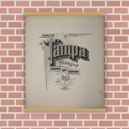 Old map wall art mockup — magnetic wood frame on brick wall — Sanborn Fire Insurance Map from Tampa, Hillsborough County, Florida (1915), Sheet #0001