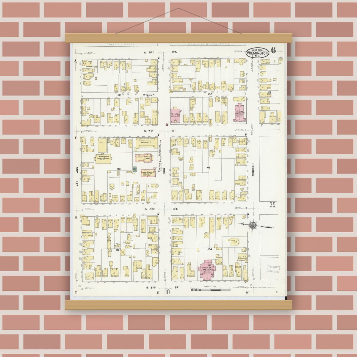 Old map wall art mockup — magnetic wood frame on brick wall — Sanborn Fire Insurance Map from Wilmington, New Hanover County, North Carolina (1910), Sheet #0006