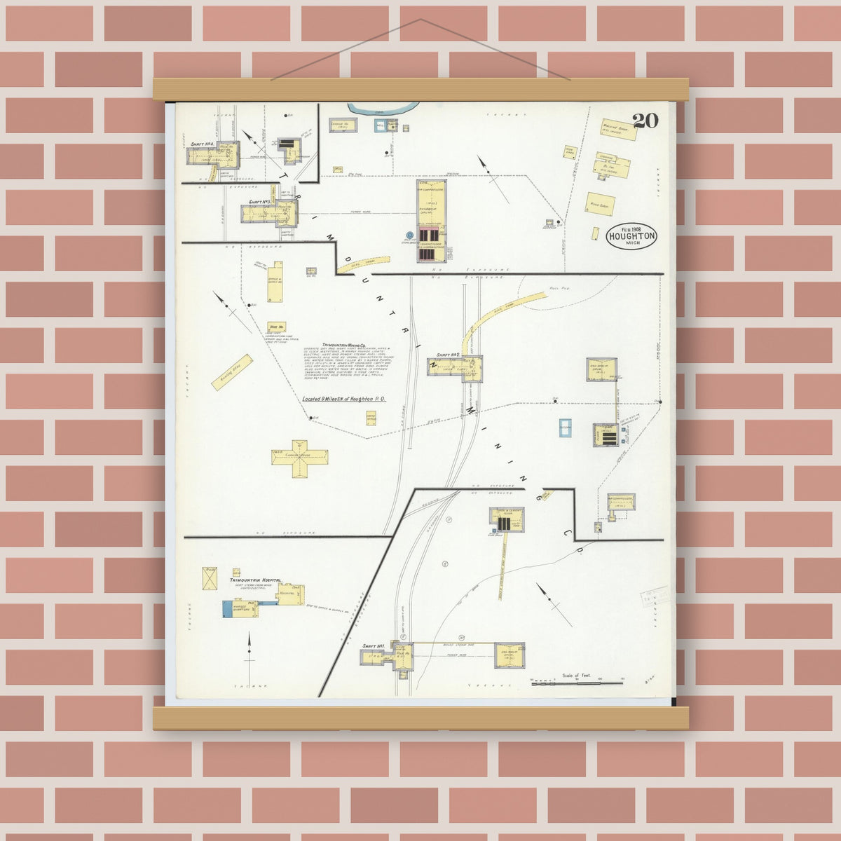 Old map wall art mockup — magnetic wood frame on brick wall — Sanborn Fire Insurance Map from Houghton, Houghton County, Michigan (1908), Sheet #0020