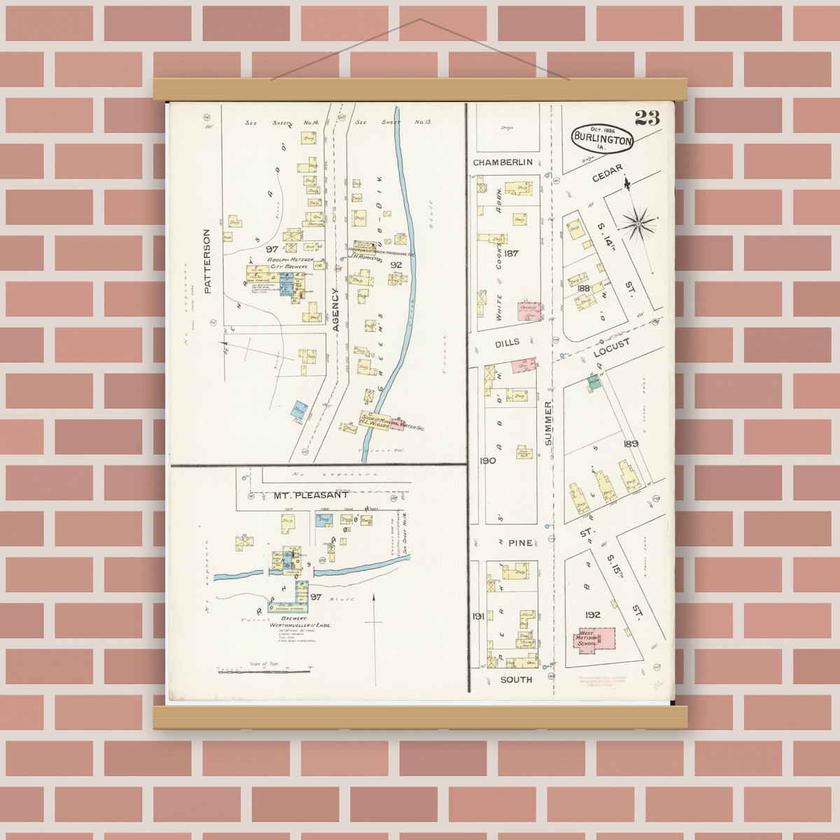 Old map wall art mockup — magnetic wood frame on brick wall — Sanborn Fire Insurance Map from Burlington, Des Moines County, Iowa (1888), Sheet #0023