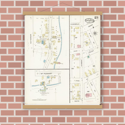 Old map wall art mockup — magnetic wood frame on brick wall — Sanborn Fire Insurance Map from Burlington, Des Moines County, Iowa (1888), Sheet #0023