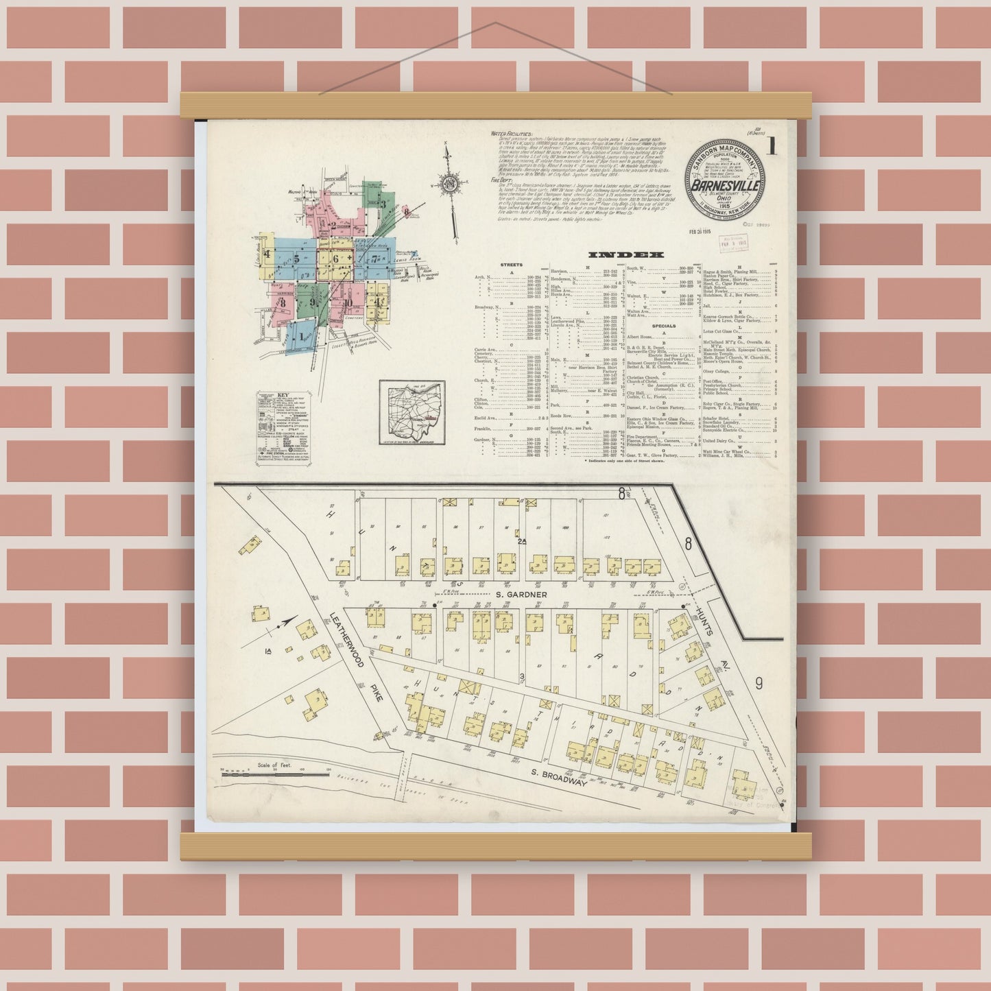 Old map wall art mockup — magnetic wood frame on brick wall — Sanborn Fire Insurance Map from Barnesville, Belmont County, Ohio (1915), Sheet #0001