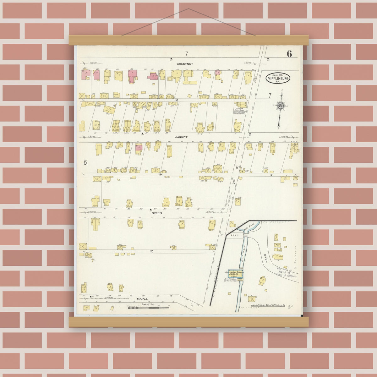Old map wall art mockup — magnetic wood frame on brick wall — Sanborn Fire Insurance Map from Mifflinburg, Union County, Pennsylvania (1913), Sheet #0006