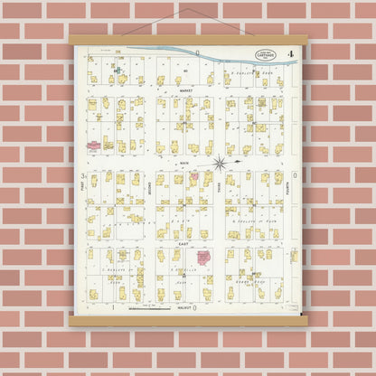 Old map wall art mockup — magnetic wood frame on brick wall — Sanborn Fire Insurance Map from Carthage, Rush County, Indiana (1907), Sheet #0004