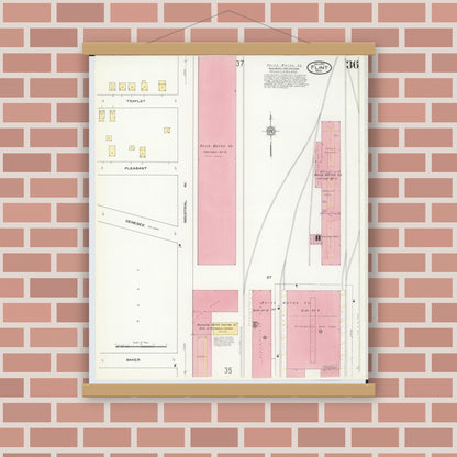 Old map wall art mockup — magnetic wood frame on brick wall — Sanborn Fire Insurance Map from Flint, Genesee County, Michigan (1909), Sheet #0036