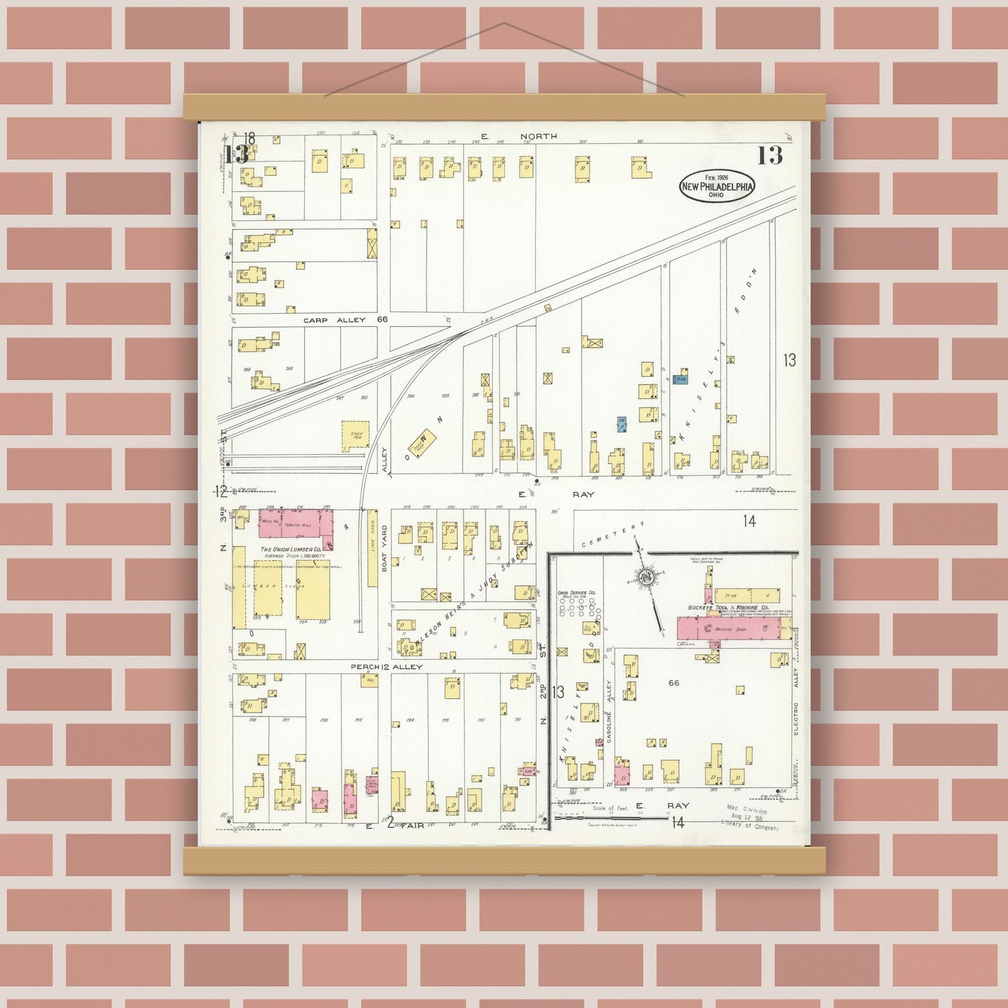 Old map wall art mockup — magnetic wood frame on brick wall — Sanborn Fire Insurance Map from New Philadelphia, Tuscarawas County, Ohio (1926), Sheet #0013