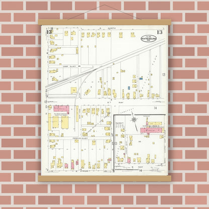 Old map wall art mockup — magnetic wood frame on brick wall — Sanborn Fire Insurance Map from New Philadelphia, Tuscarawas County, Ohio (1926), Sheet #0013