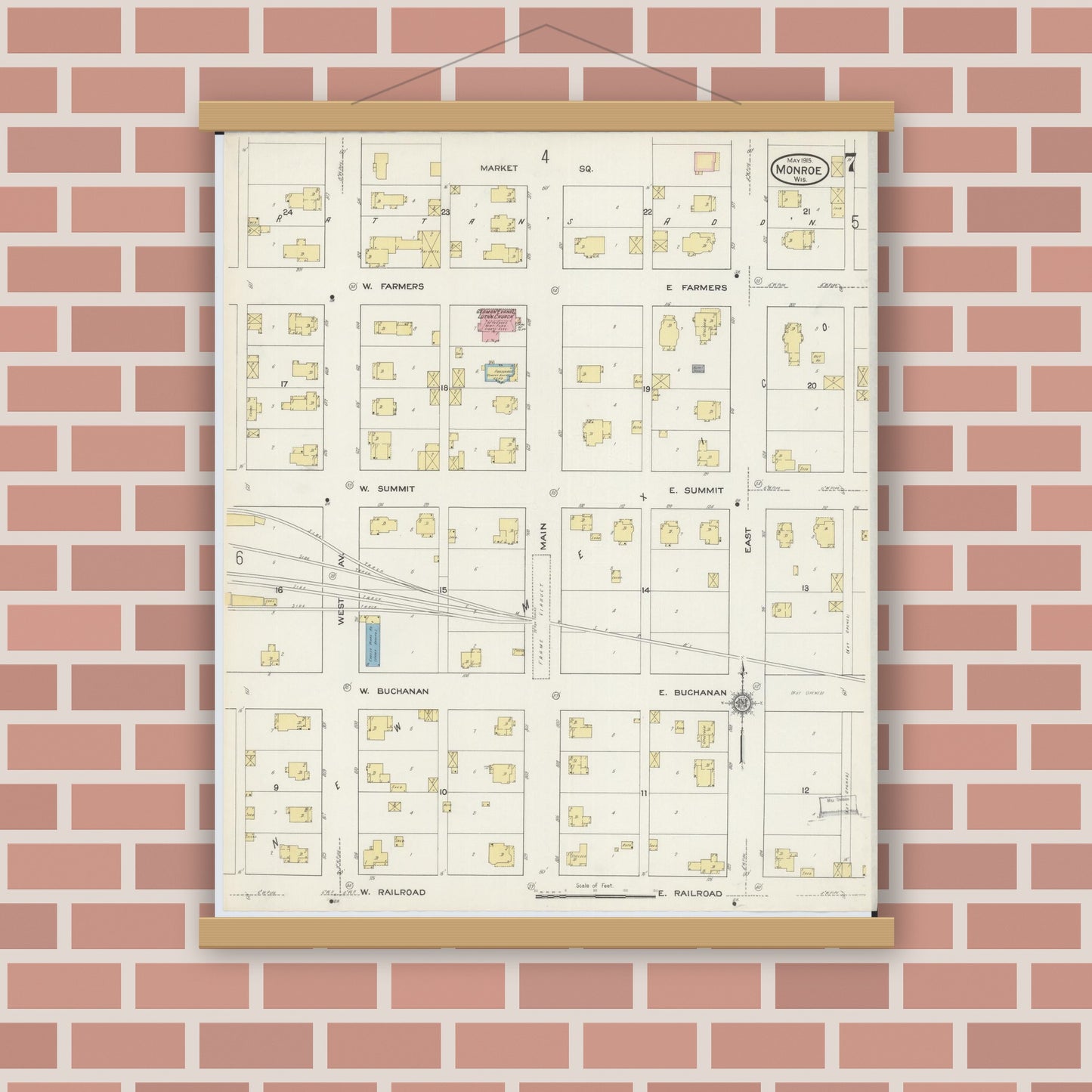 Old map wall art mockup — magnetic wood frame on brick wall — Sanborn Fire Insurance Map from Monroe, Green County, Wisconsin (1915), Sheet #0007