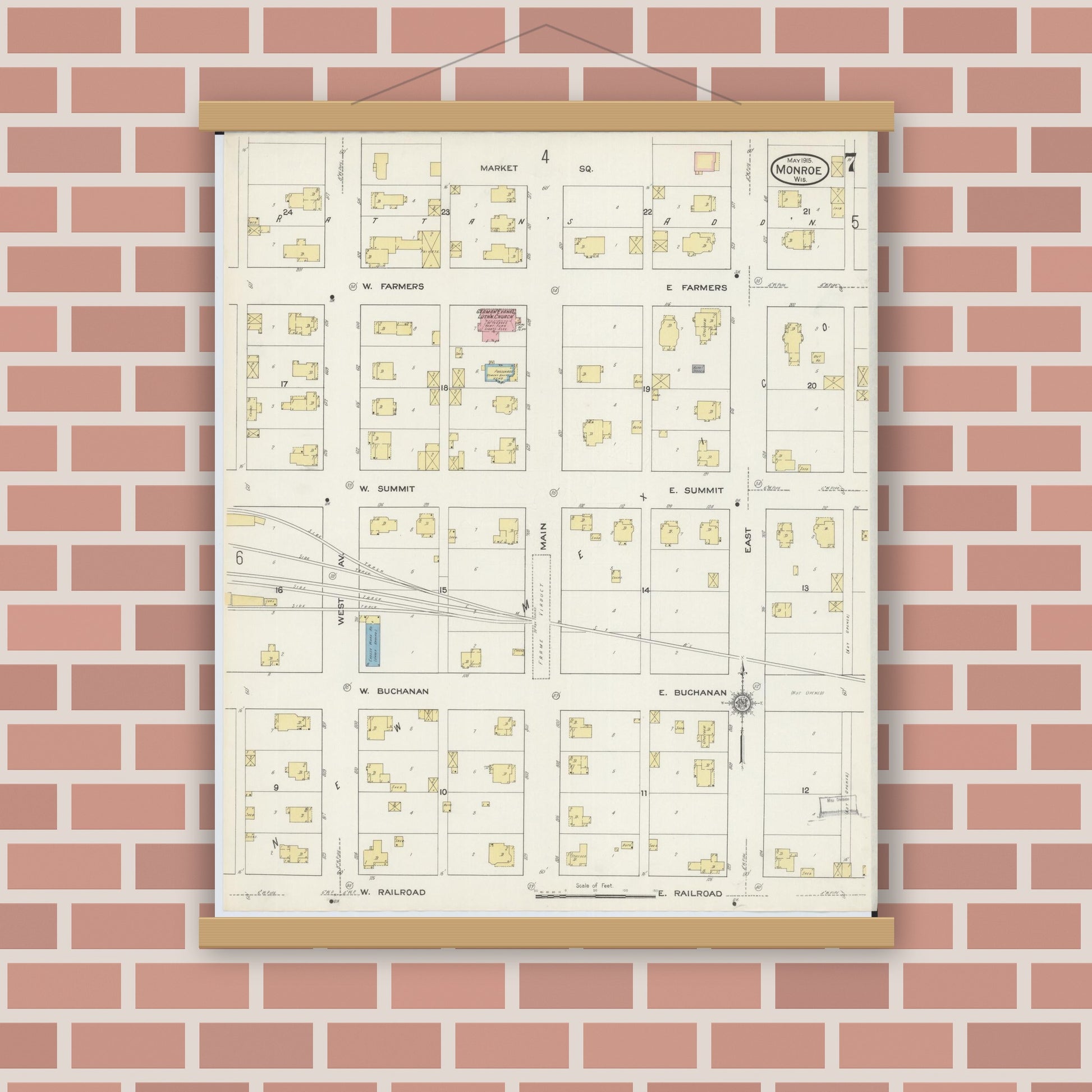 Old map wall art mockup — magnetic wood frame on brick wall — Sanborn Fire Insurance Map from Monroe, Green County, Wisconsin (1915), Sheet #0007