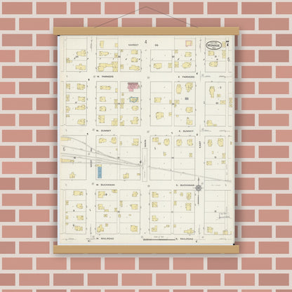 Old map wall art mockup — magnetic wood frame on brick wall — Sanborn Fire Insurance Map from Monroe, Green County, Wisconsin (1915), Sheet #0007