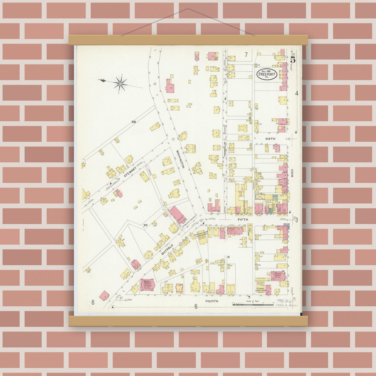 Old map wall art mockup — magnetic wood frame on brick wall — Sanborn Fire Insurance Map from Freeport, Armstrong County, Pennsylvania (1908), Sheet #0005