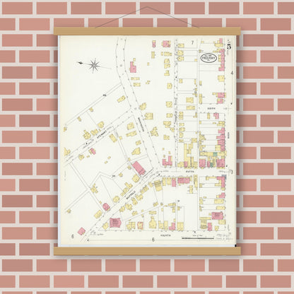 Old map wall art mockup — magnetic wood frame on brick wall — Sanborn Fire Insurance Map from Freeport, Armstrong County, Pennsylvania (1908), Sheet #0005
