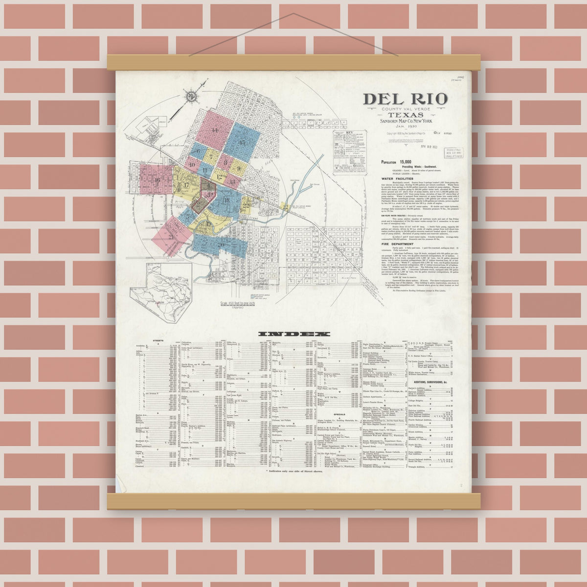 Old map wall art mockup — magnetic wood frame on brick wall — Sanborn Fire Insurance Map from Del Rio, Val Verde County, Texas (1930) - Complete Map Set