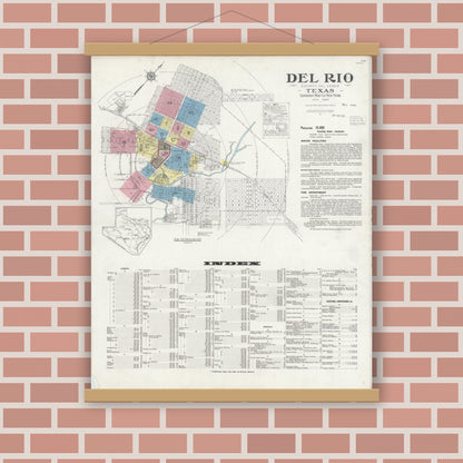 Old map wall art mockup — magnetic wood frame on brick wall — Sanborn Fire Insurance Map from Del Rio, Val Verde County, Texas (1930) - Complete Map Set