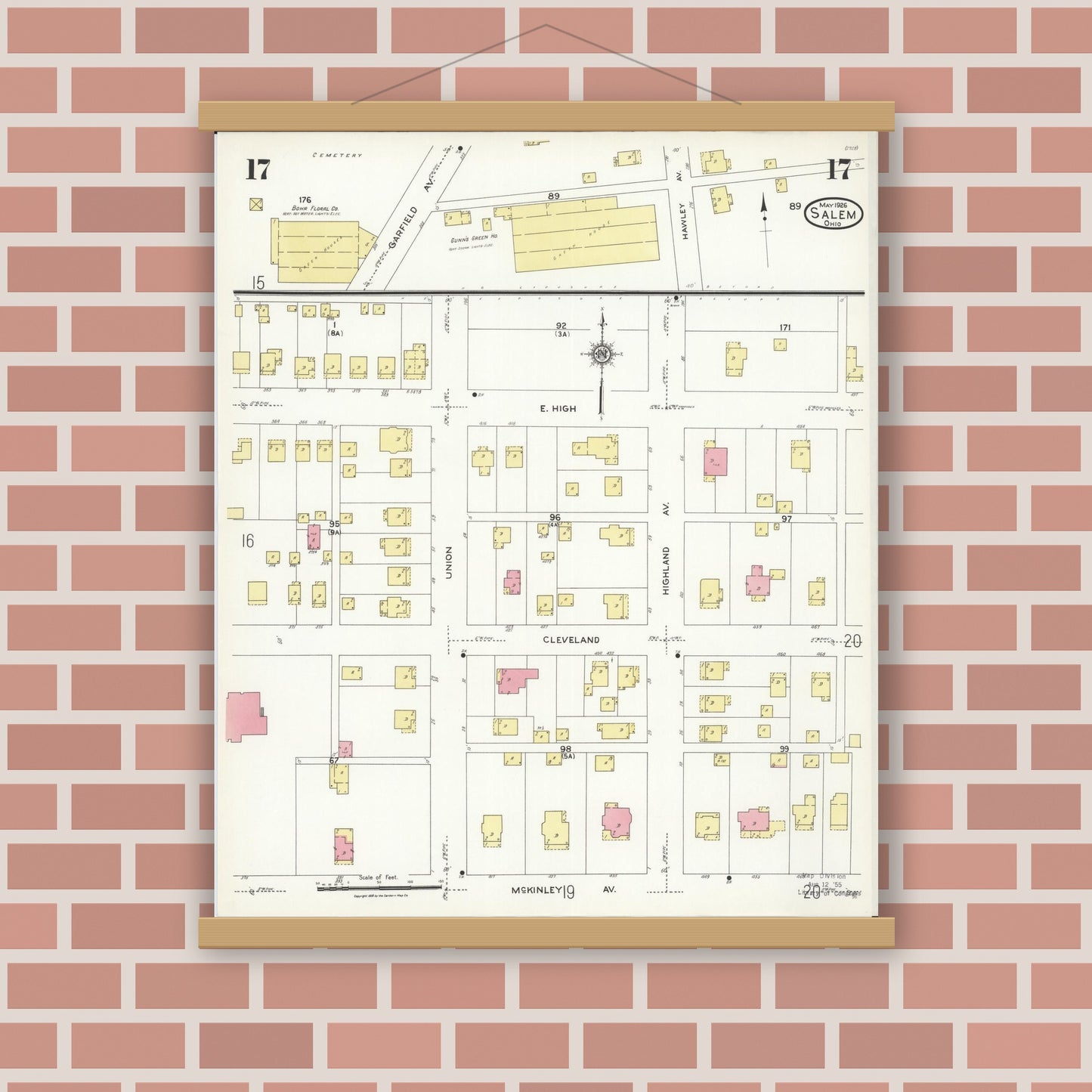 Old map wall art mockup — magnetic wood frame on brick wall — Sanborn Fire Insurance Map from Salem, Columbiana County, Ohio (1926), Sheet #0017