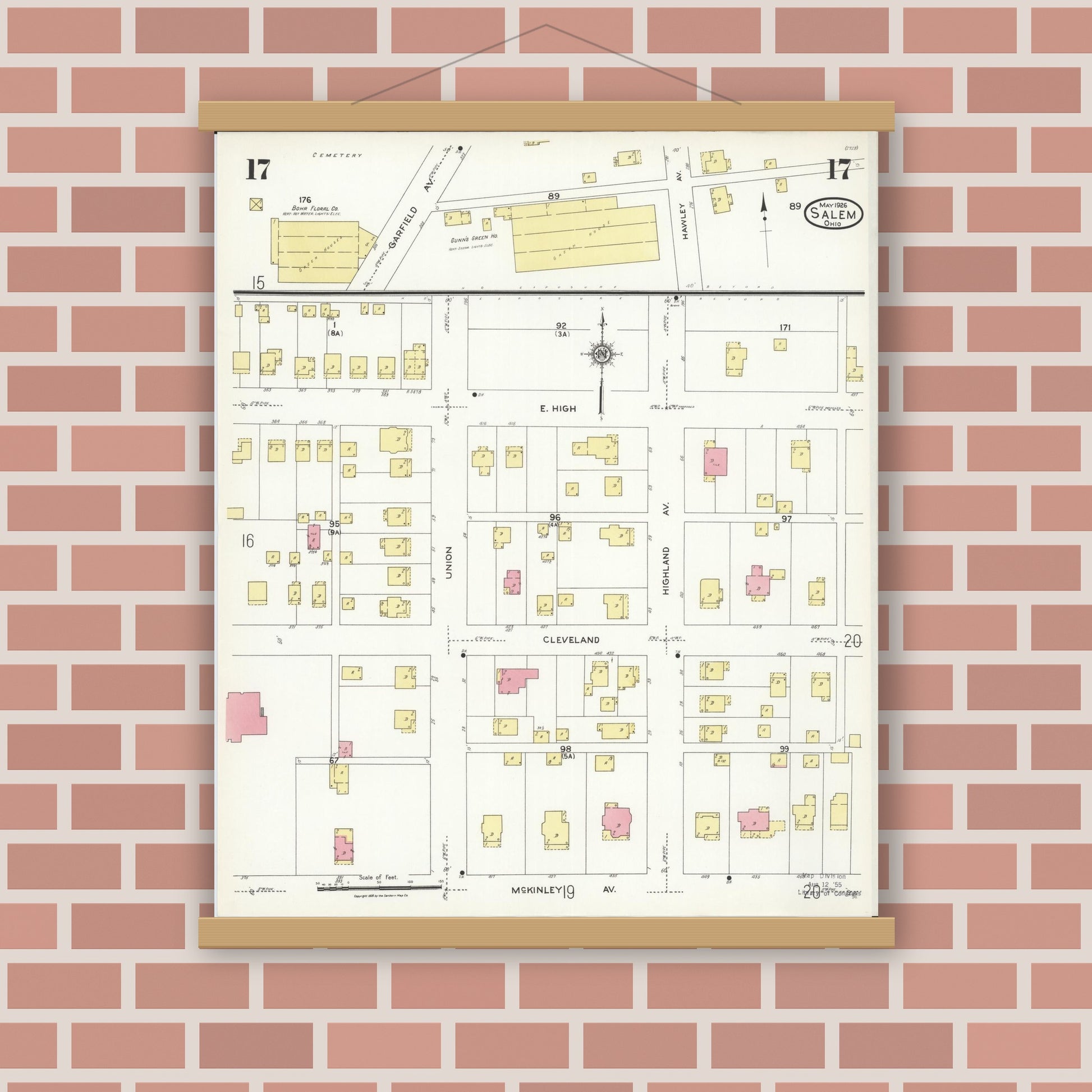 Old map wall art mockup — magnetic wood frame on brick wall — Sanborn Fire Insurance Map from Salem, Columbiana County, Ohio (1926), Sheet #0017