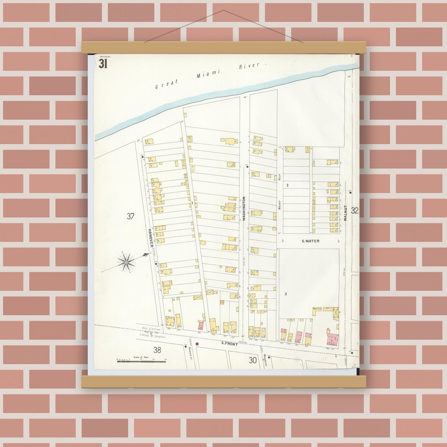 Old map wall art mockup — magnetic wood frame on brick wall — Sanborn Fire Insurance Map from Hamilton, Butler County, Ohio (1899), Sheet #0031