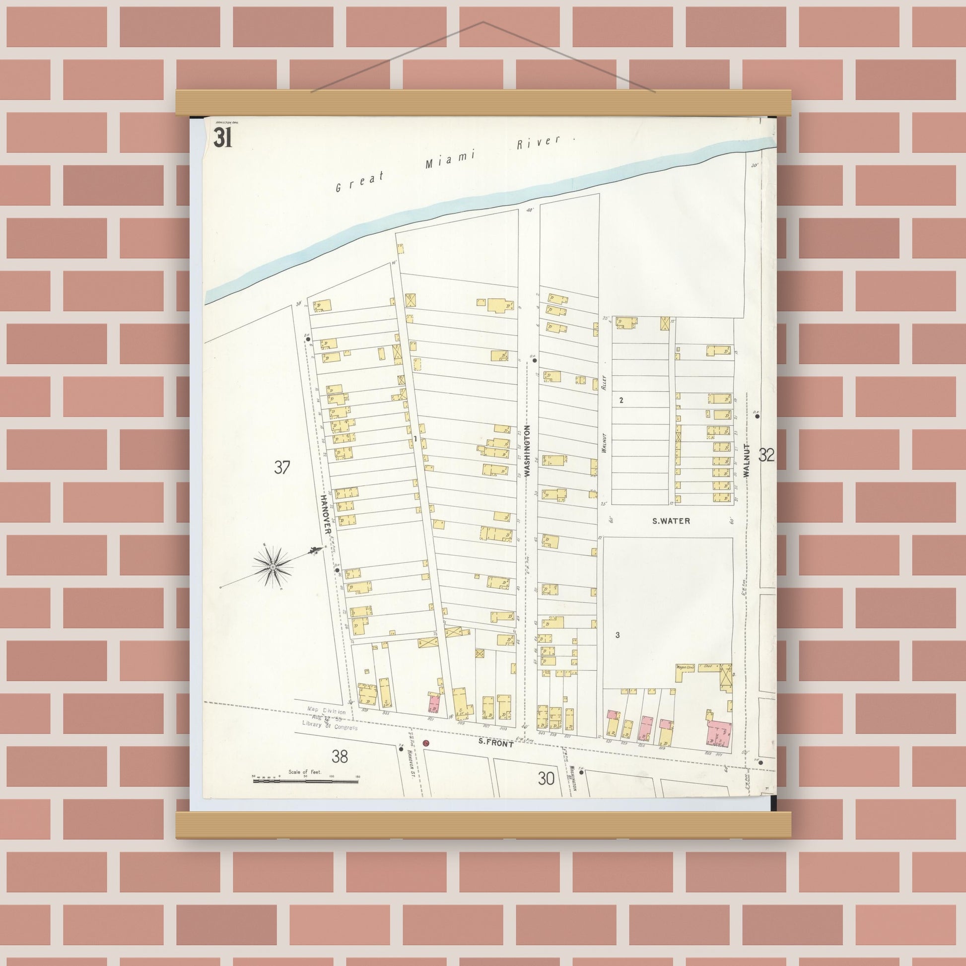 Old map wall art mockup — magnetic wood frame on brick wall — Sanborn Fire Insurance Map from Hamilton, Butler County, Ohio (1899), Sheet #0031