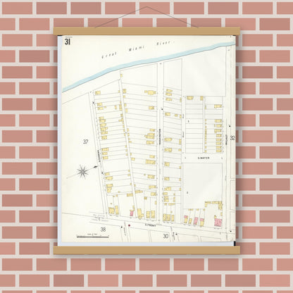 Old map wall art mockup — magnetic wood frame on brick wall — Sanborn Fire Insurance Map from Hamilton, Butler County, Ohio (1899), Sheet #0031