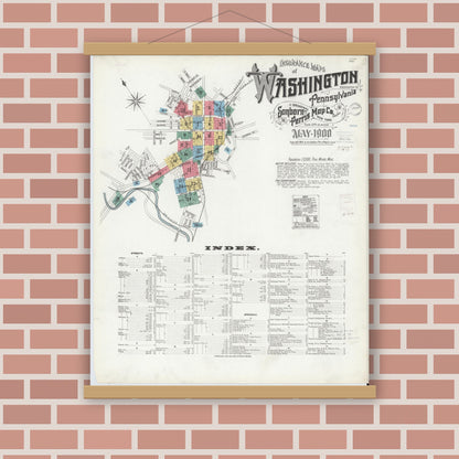 Old map wall art mockup — magnetic wood frame on brick wall — Sanborn Fire Insurance Map from Washington, Washington County, Pennsylvania (1900) - Complete Map Set
