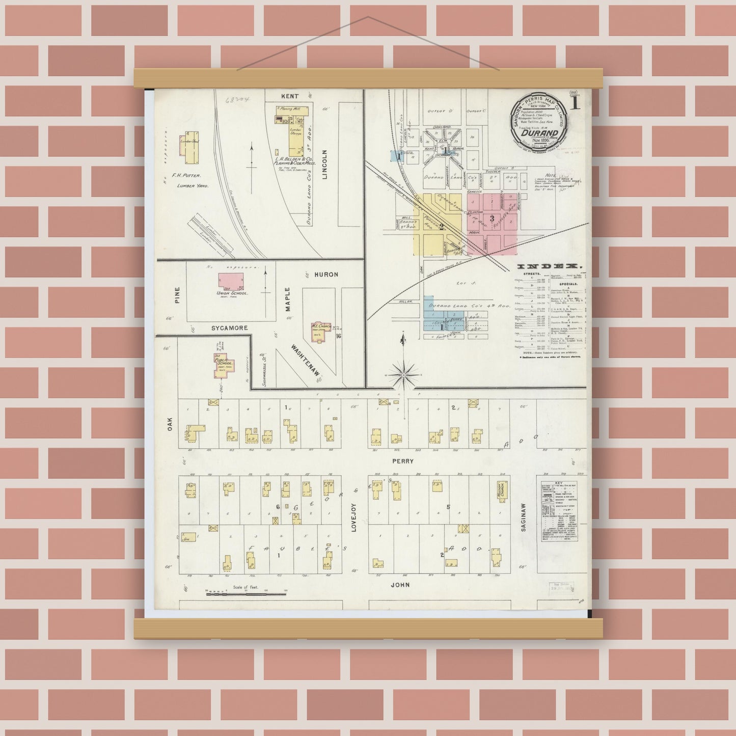 Old map wall art mockup — magnetic wood frame on brick wall — Sanborn Fire Insurance Map from Durand, Shiawassee County, Michigan (1896) - Complete Map Set