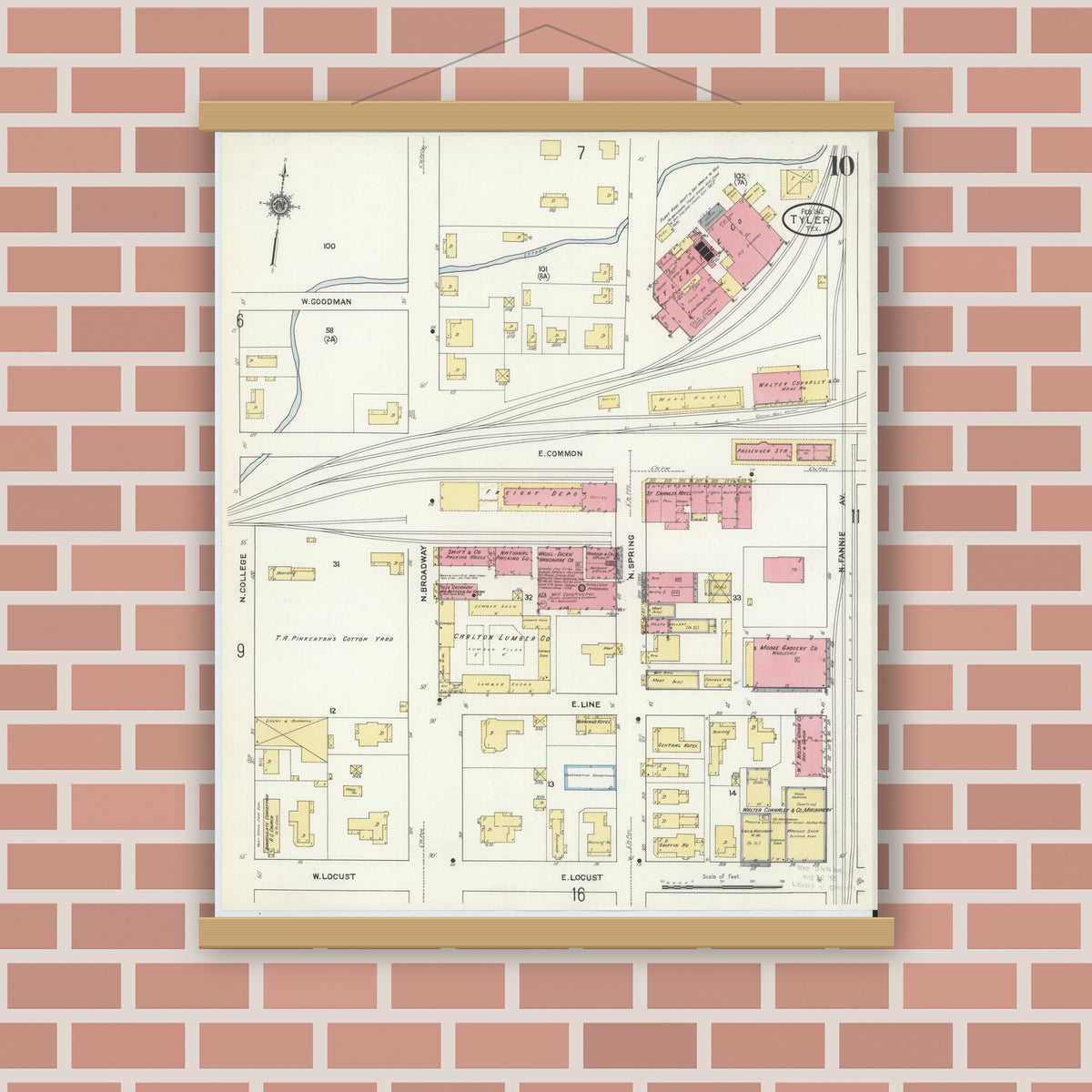 Old map wall art mockup — magnetic wood frame on brick wall — Sanborn Fire Insurance Map from Tyler, Smith County, Texas (1912), Sheet #0010