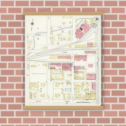 Old map wall art mockup — magnetic wood frame on brick wall — Sanborn Fire Insurance Map from Tyler, Smith County, Texas (1912), Sheet #0010