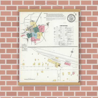 Old map wall art mockup — magnetic wood frame on brick wall — Sanborn Fire Insurance Map from Cuba, Allegany County, New York (1912), Sheet #0001