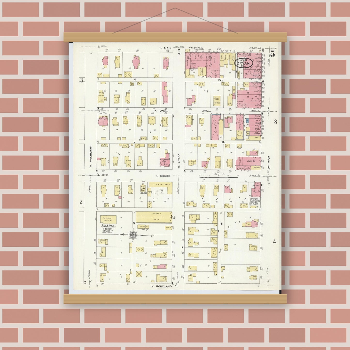 Old map wall art mockup — magnetic wood frame on brick wall — Sanborn Fire Insurance Map from Bryan, Williams County, Ohio (1911), Sheet #0005