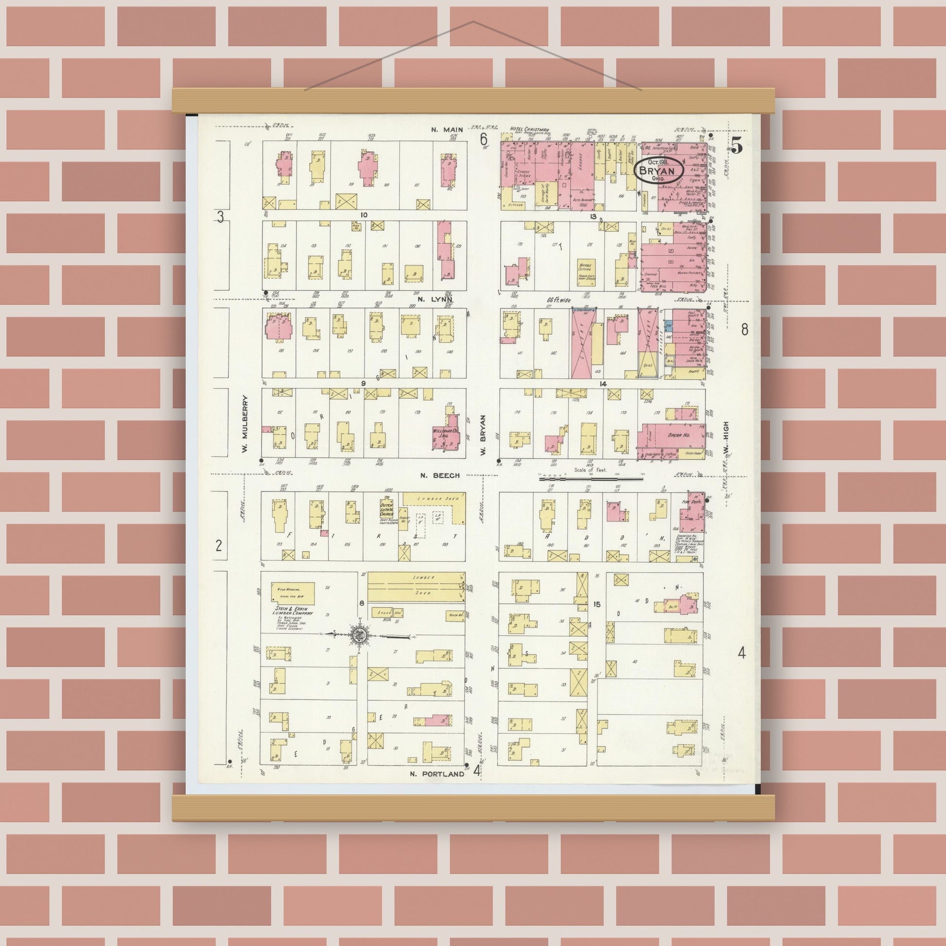 Old map wall art mockup — magnetic wood frame on brick wall — Sanborn Fire Insurance Map from Bryan, Williams County, Ohio (1911), Sheet #0005