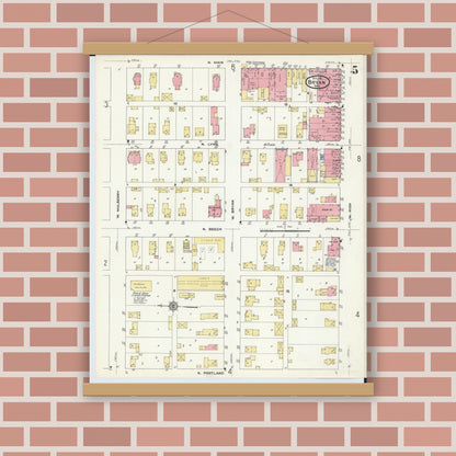 Old map wall art mockup — magnetic wood frame on brick wall — Sanborn Fire Insurance Map from Bryan, Williams County, Ohio (1911), Sheet #0005