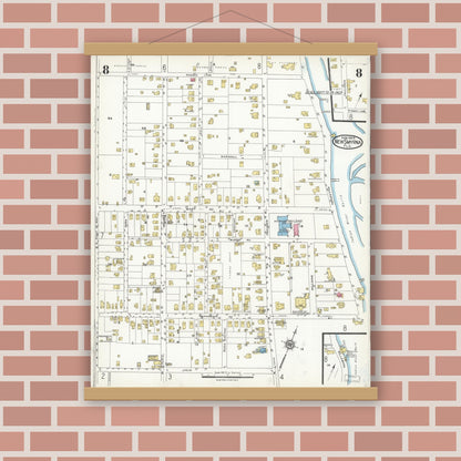 Old map wall art mockup — magnetic wood frame on brick wall — Sanborn Fire Insurance Map from New Smyrna, Valusia County, Florida (1924), Sheet #0008
