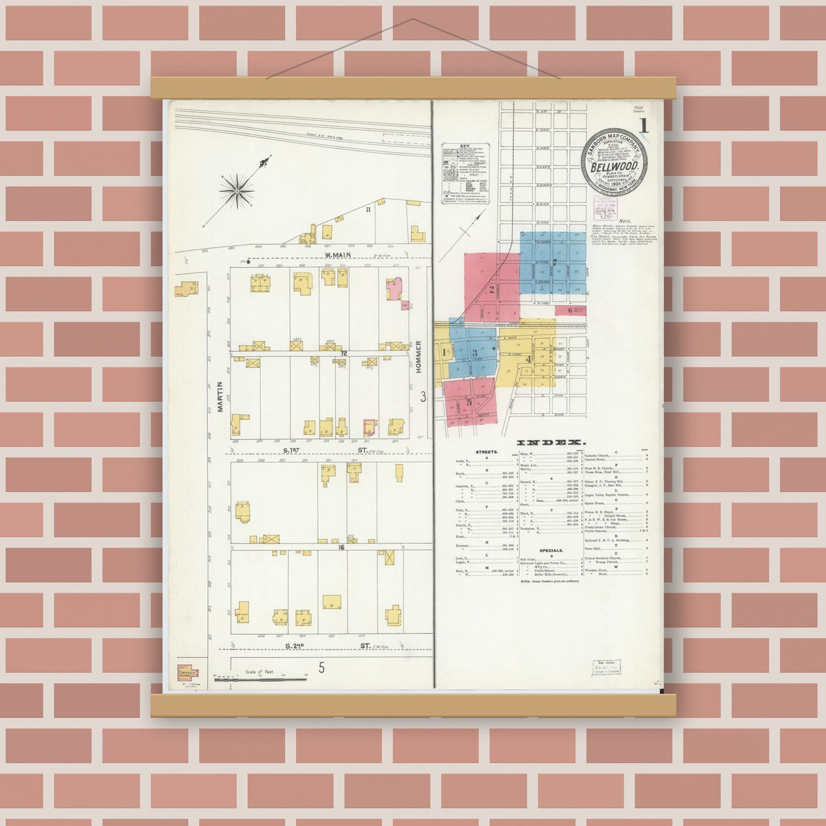 Old map wall art mockup — magnetic wood frame on brick wall — Sanborn Fire Insurance Map from Bellwood, Blair County, Pennsylvania (1904) - Complete Map Set