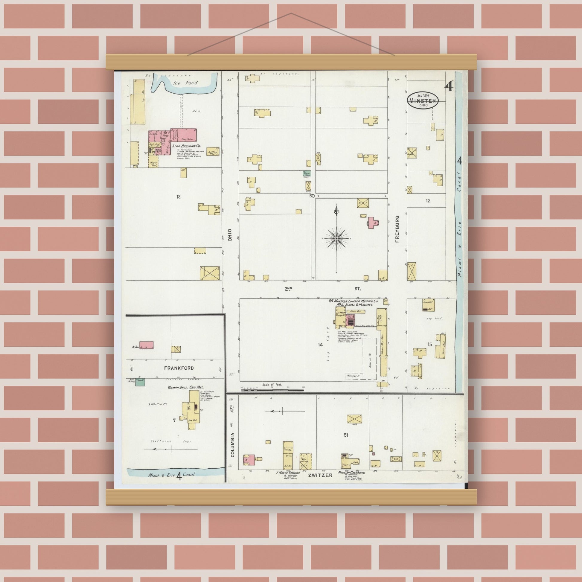 Old map wall art mockup — magnetic wood frame on brick wall — Sanborn Fire Insurance Map from Minster, Auglaize County, Ohio (1899), Sheet #0004