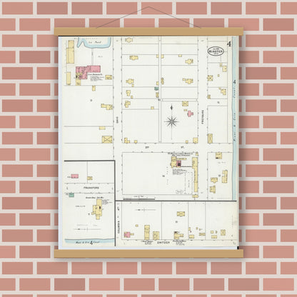 Old map wall art mockup — magnetic wood frame on brick wall — Sanborn Fire Insurance Map from Minster, Auglaize County, Ohio (1899), Sheet #0004