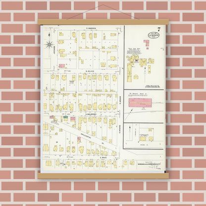 Old map wall art mockup — magnetic wood frame on brick wall — Sanborn Fire Insurance Map from Lebanon, Warren County, Ohio (1907), Sheet #0007