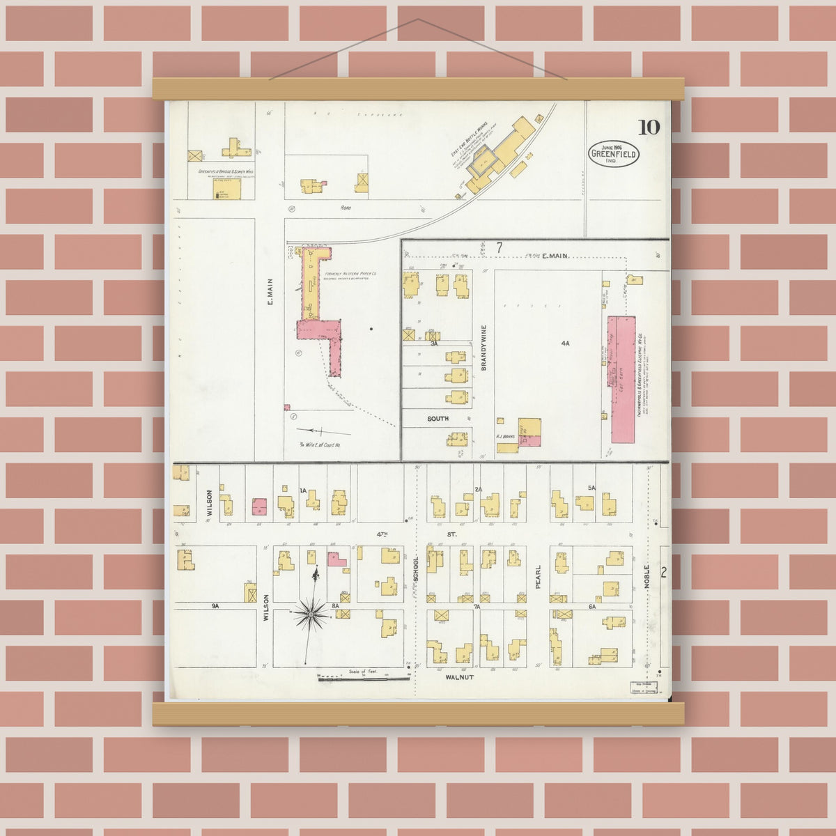 Old map wall art mockup — magnetic wood frame on brick wall — Sanborn Fire Insurance Map from Greenfield, Hancock County, Indiana (1906), Sheet #0010