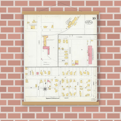 Old map wall art mockup — magnetic wood frame on brick wall — Sanborn Fire Insurance Map from Greenfield, Hancock County, Indiana (1906), Sheet #0010