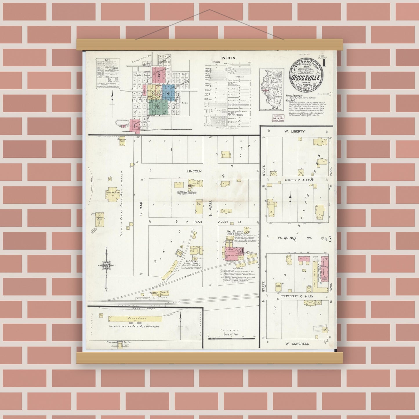 Old map wall art mockup — magnetic wood frame on brick wall — Sanborn Fire Insurance Map from Griggsville, Pike County, Illinois (1913), Sheet #0001