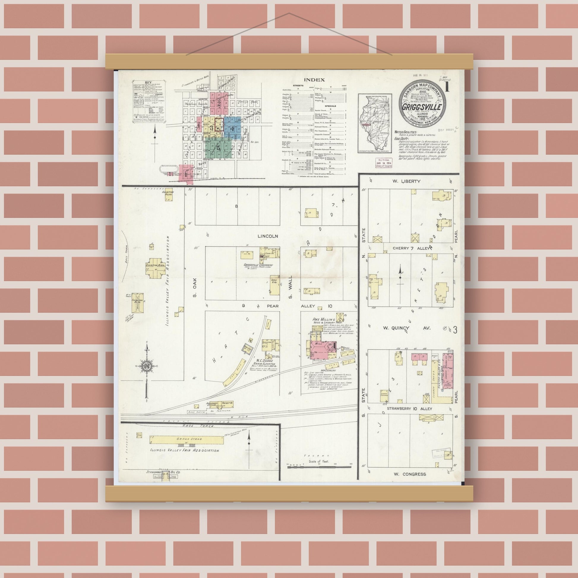 Old map wall art mockup — magnetic wood frame on brick wall — Sanborn Fire Insurance Map from Griggsville, Pike County, Illinois (1913), Sheet #0001