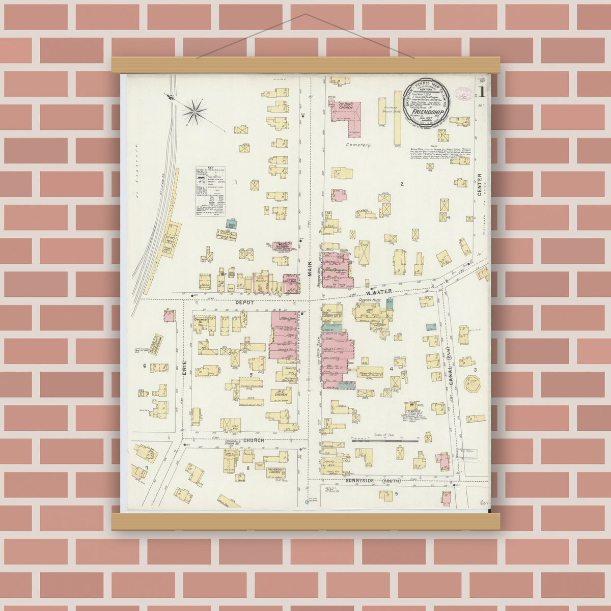 Old map wall art mockup — magnetic wood frame on brick wall — Sanborn Fire Insurance Map from Friendship, Allegany County, New York (1897) - Complete Map Set