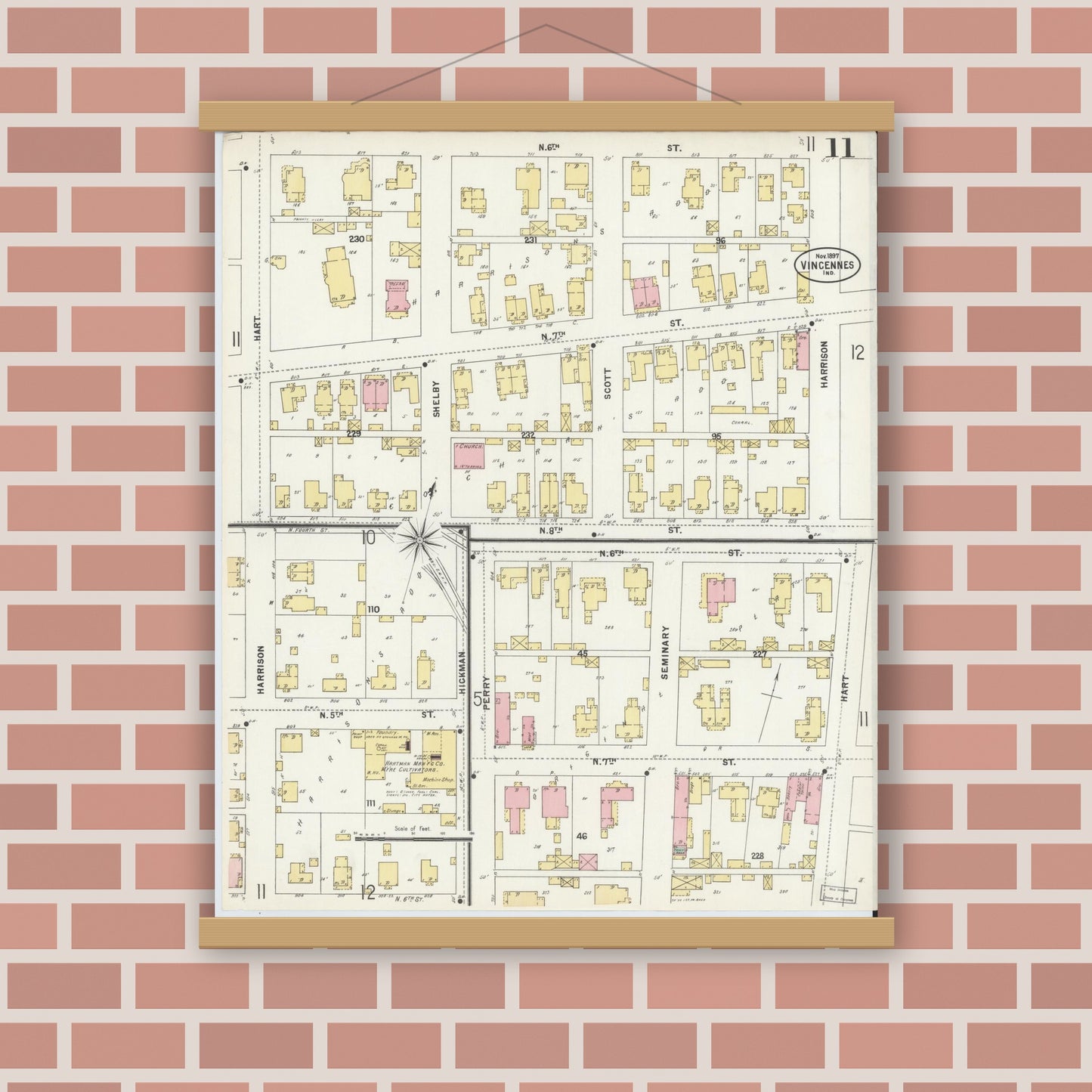 Old map wall art mockup — magnetic wood frame on brick wall — Sanborn Fire Insurance Map from Vincennes, Knox County, Indiana (1897), Sheet #0011