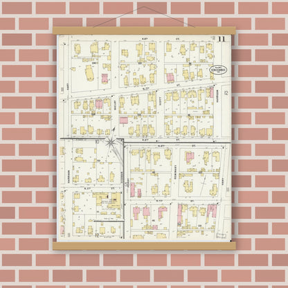 Old map wall art mockup — magnetic wood frame on brick wall — Sanborn Fire Insurance Map from Vincennes, Knox County, Indiana (1897), Sheet #0011