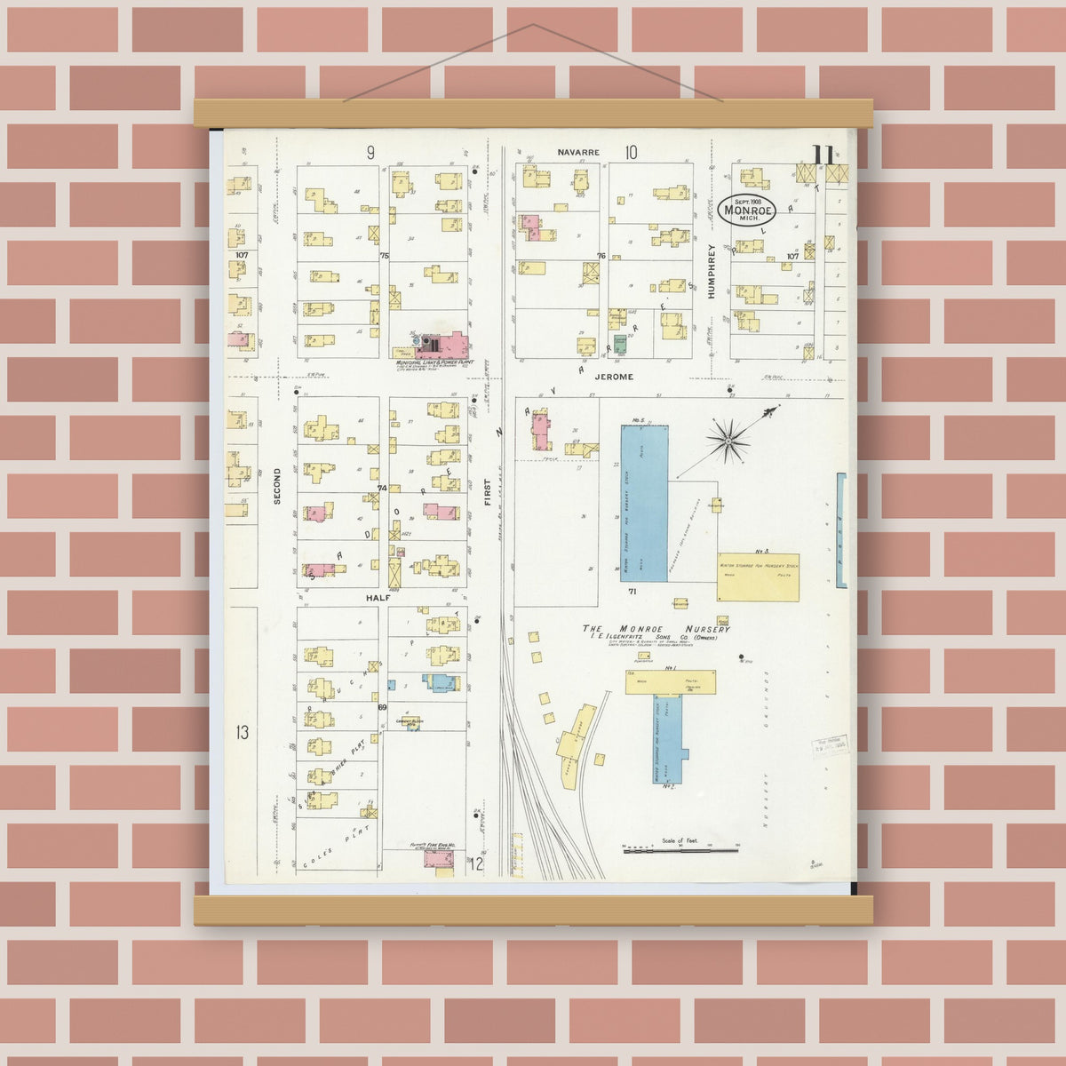 Old map wall art mockup — magnetic wood frame on brick wall — Sanborn Fire Insurance Map from Monroe, Monroe County, Michigan (1908), Sheet #0011