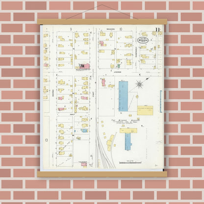 Old map wall art mockup — magnetic wood frame on brick wall — Sanborn Fire Insurance Map from Monroe, Monroe County, Michigan (1908), Sheet #0011