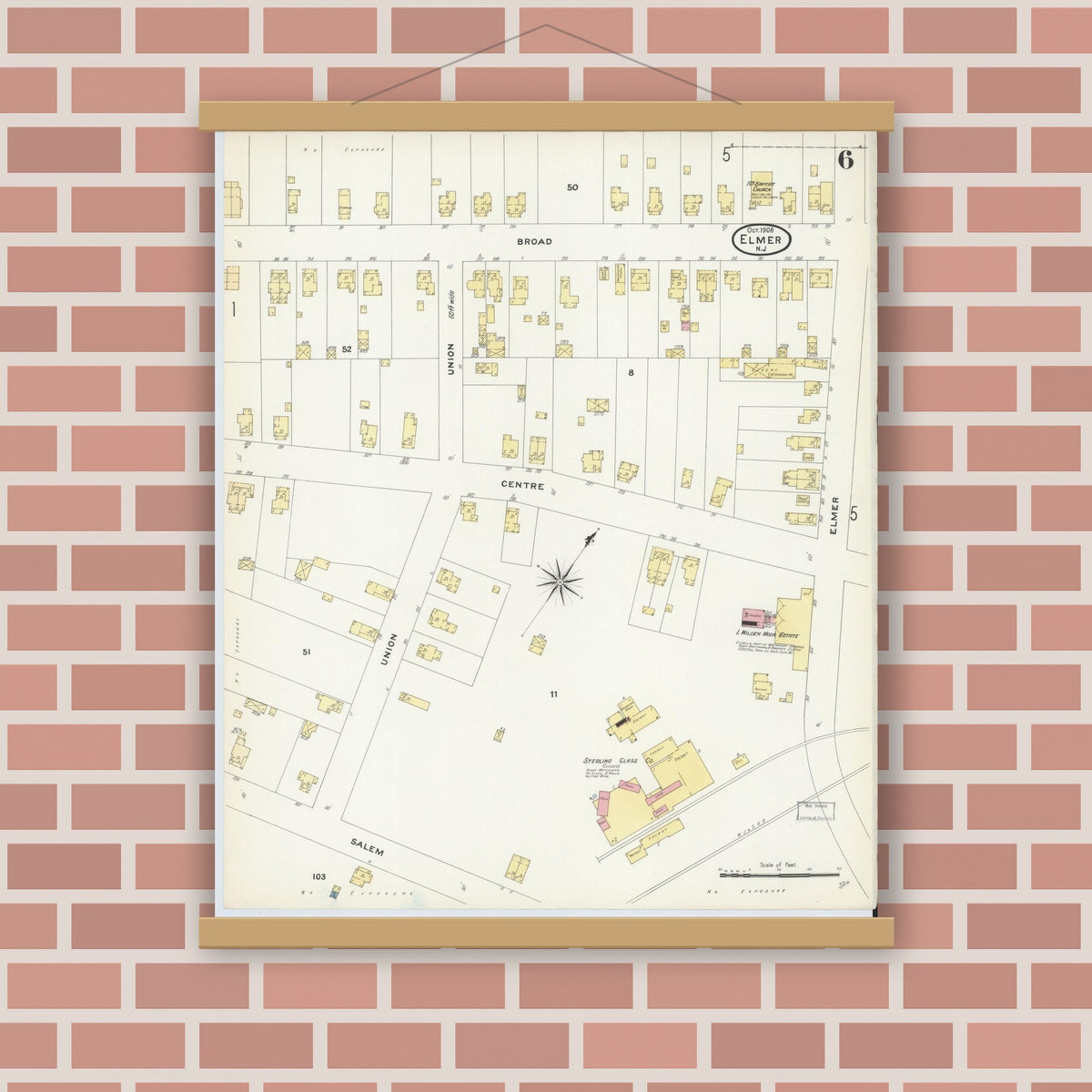 Old map wall art mockup — magnetic wood frame on brick wall — Sanborn Fire Insurance Map from Elmer, Salem County, New Jersey (1908), Sheet #0006
