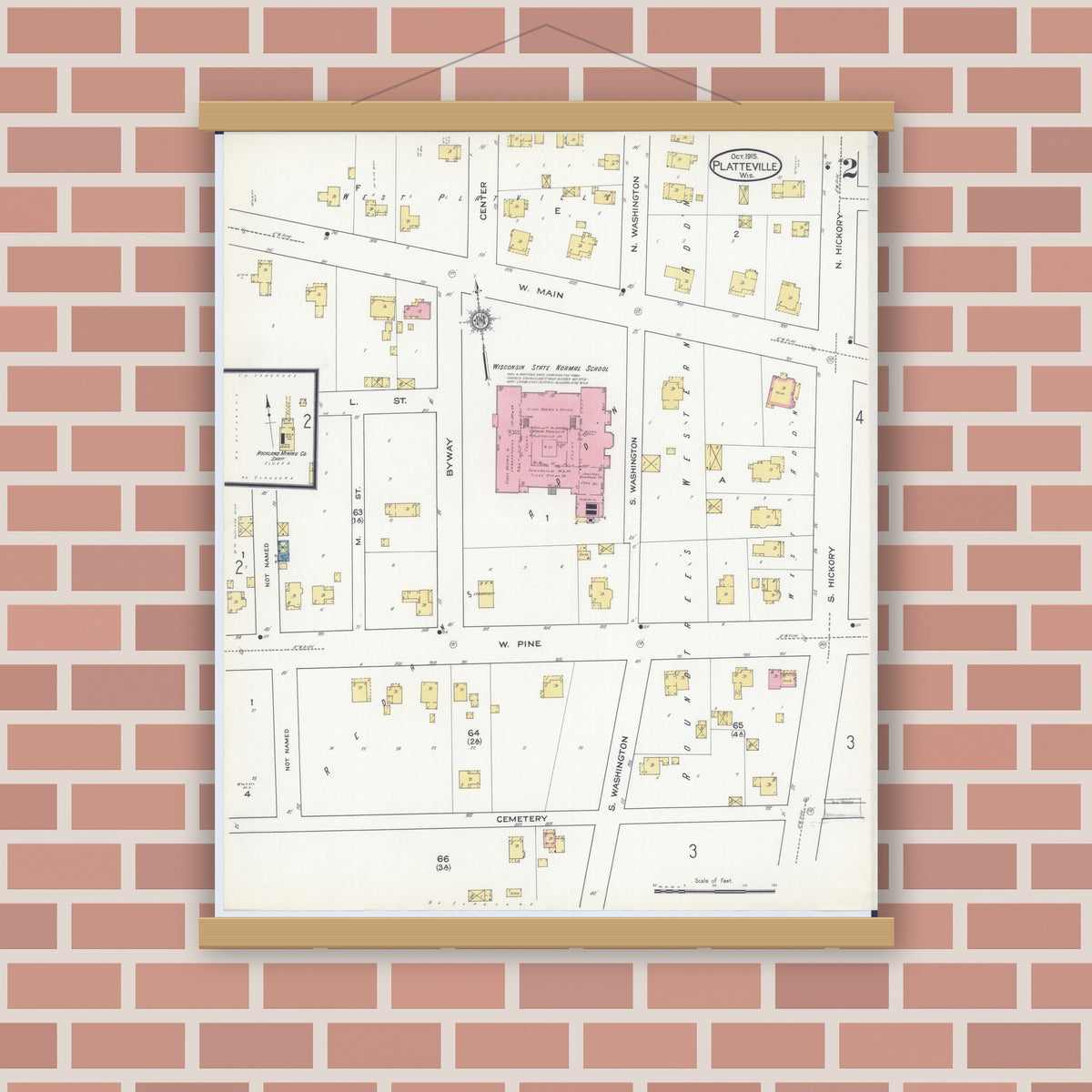 Old map wall art mockup — magnetic wood frame on brick wall — Sanborn Fire Insurance Map from Platteville, Grant County, Wisconsin (1915), Sheet #0002