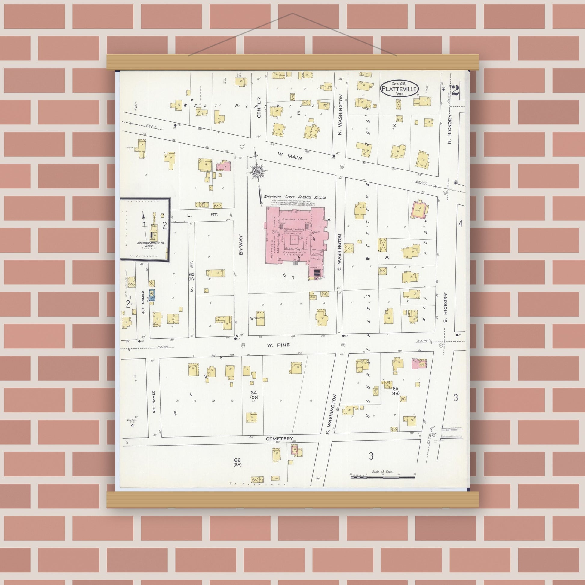 Old map wall art mockup — magnetic wood frame on brick wall — Sanborn Fire Insurance Map from Platteville, Grant County, Wisconsin (1915), Sheet #0002