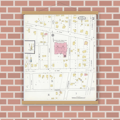 Old map wall art mockup — magnetic wood frame on brick wall — Sanborn Fire Insurance Map from Platteville, Grant County, Wisconsin (1915), Sheet #0002